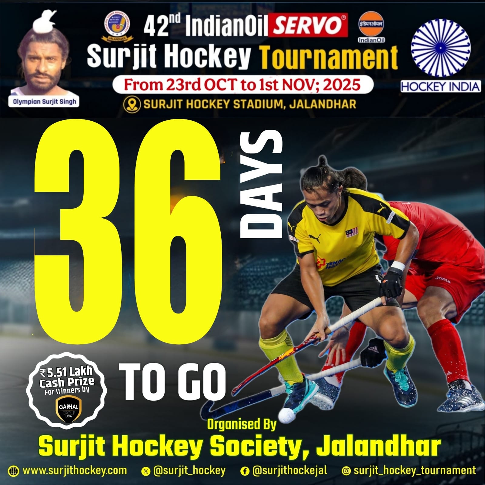 36 days to go to 42nd indian oil Servo Surjit hockey Tournament 2025