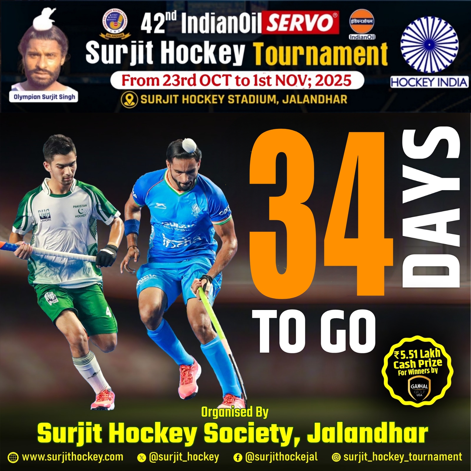 34 days to go to 42nd indian oil Servo Surjit hockey Tournament 2025